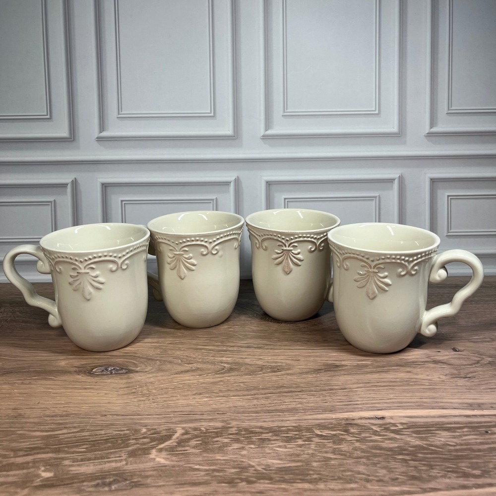 Pier 1 Imports Abigail Mugs Set of 4 16oz Cream Stoneware Fleur-de-lis Embossed